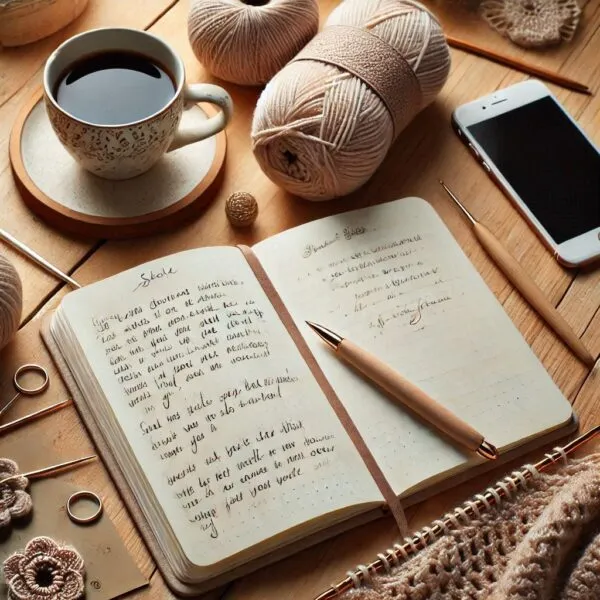 AI-generated image - Contact - A workspace featuring an open notebook, a coffee mug, yarn balls, a knitting needle, scissors, a crochet hook, a crocheted flower, and a mobile phone.
