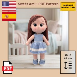 Amigurumi Crochet Doll Pattern PDF – DIY Soft Stuffed Girl Doll Tutorial (English & Spanish) – Intermediate Crochet Pattern