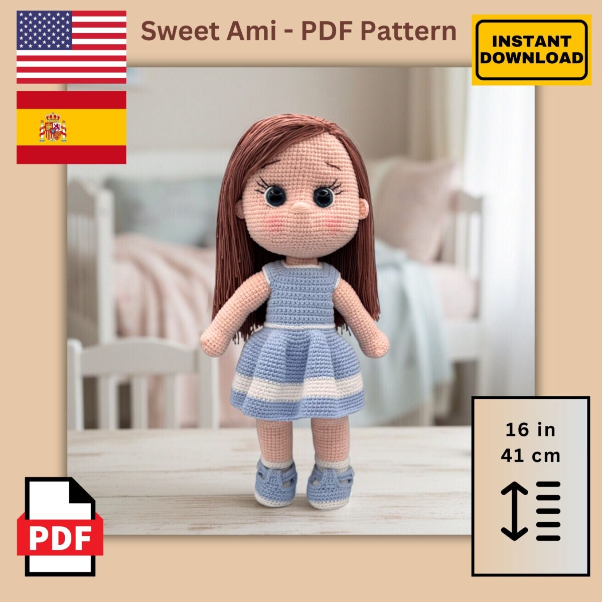 Amigurumi Crochet Doll Pattern PDF – DIY Soft Stuffed Girl Doll Tutorial (English & Spanish) – Intermediate Crochet Pattern
