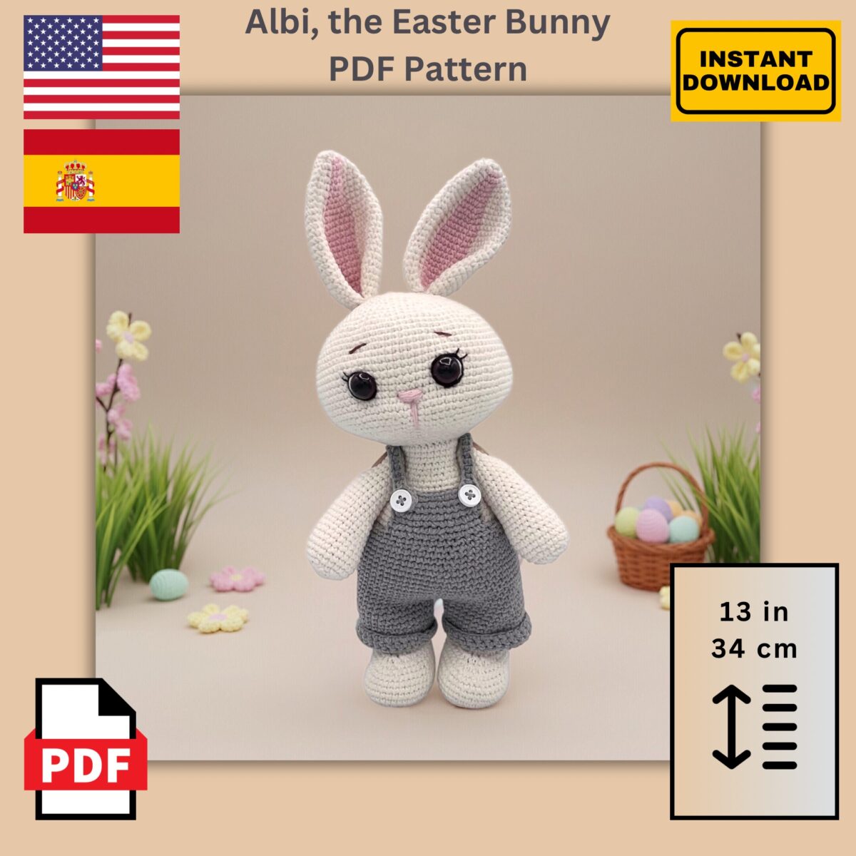Amigurumi Bunny Crochet Pattern – DIY Plush Rabbit with Overalls (PDF Download in English & Spanish)