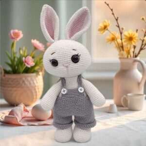 Crochet Amigurumi Pink Easter Bunny with Overalls | Albi