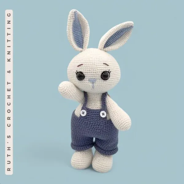 Crochet Amigurumi Bunny in Blue Overalls – Handmade Rabbit Plush Gift for Kids - Image 3