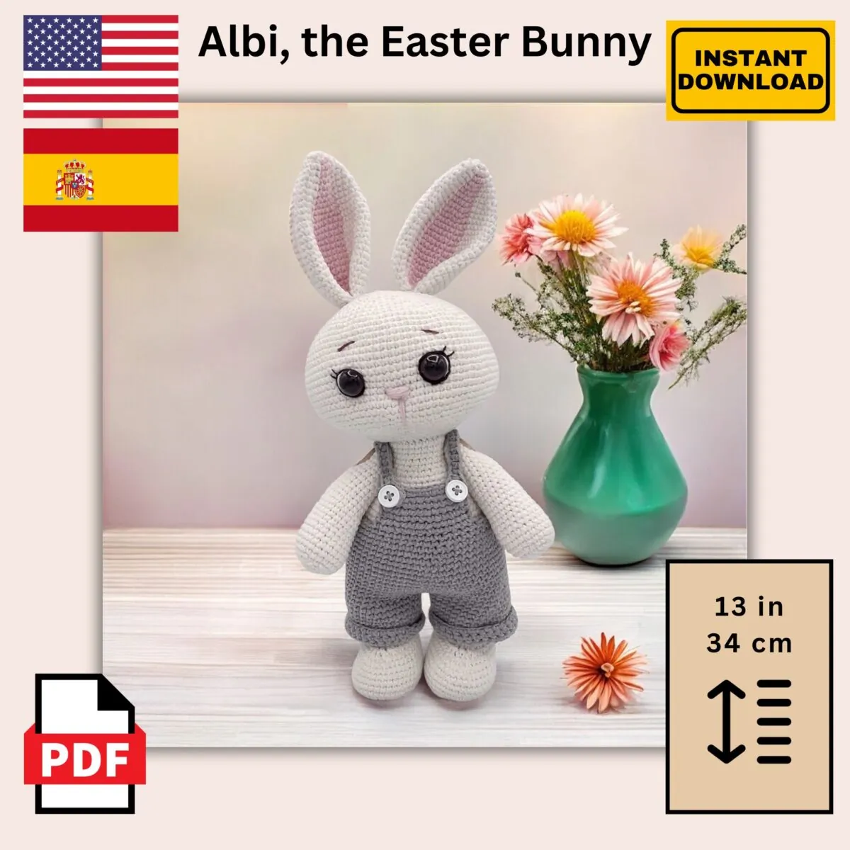Crochet Bunny Pattern PDF download – digital amigurumi crochet pattern with white bunny, pink accents and gray overalls