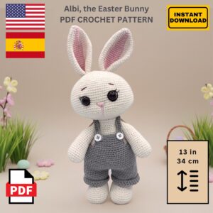 Patrón de conejo amigurumi a crochet – Conejo de peluche DIY con overol (descarga en PDF en Inglés y Español)