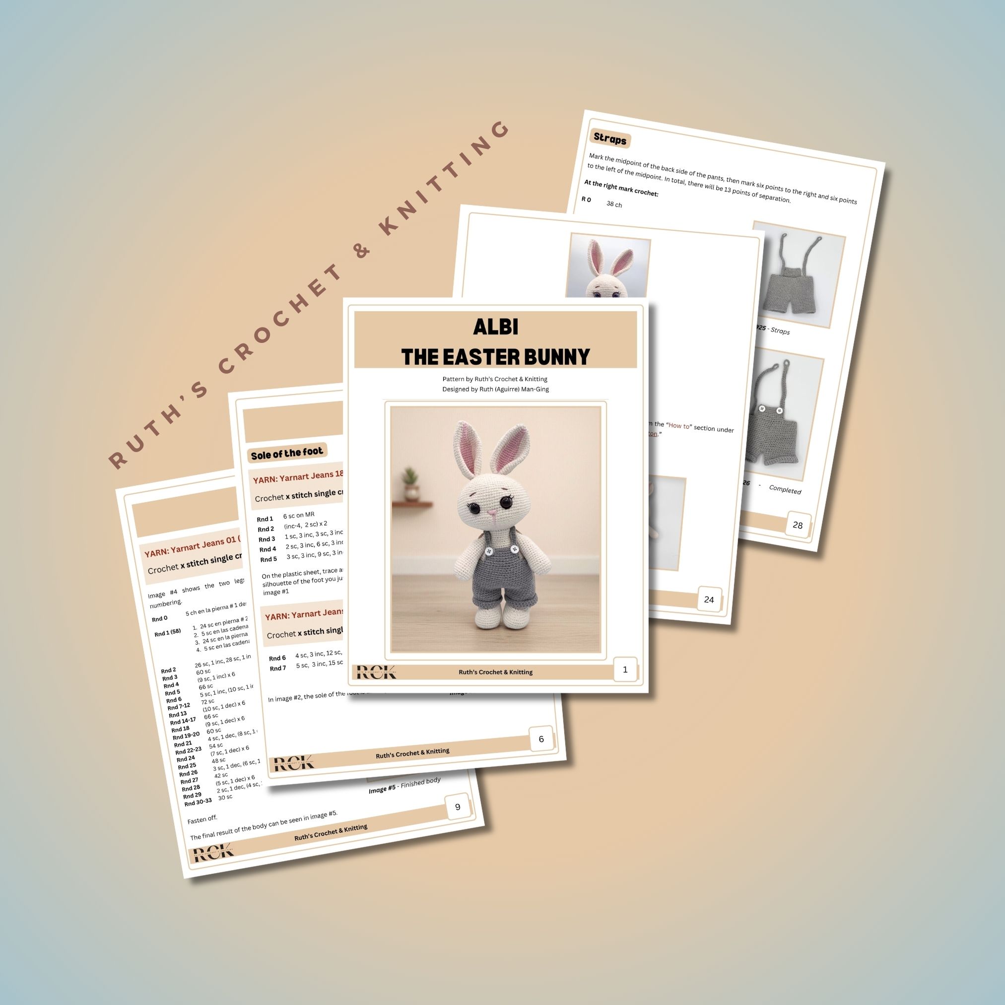 Patrón de conejo amigurumi a crochet – PDF de 34 páginas (tamaño carta) – Para Nivel Intermedio – Inglés y Español – Conejo de peluche DIY con overol – Albi - Imagen 5