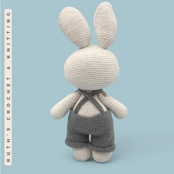 Handmade Crochet Bunny Toy with Gray Overalls and Pink Details – Soft Baby Shower Gift, Easter Basket, Nursery Decoration - Image 8