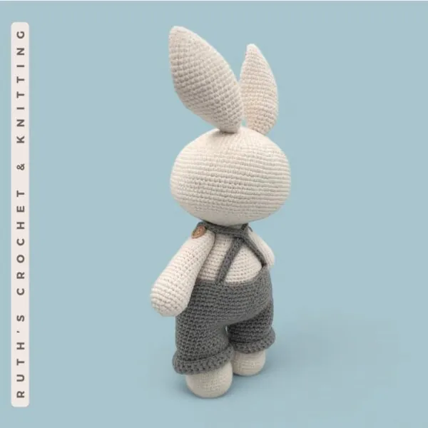 Handmade Crochet Bunny Toy with Gray Overalls and Pink Details – Soft Baby Shower Gift, Easter Basket, Nursery Decoration - Image 9