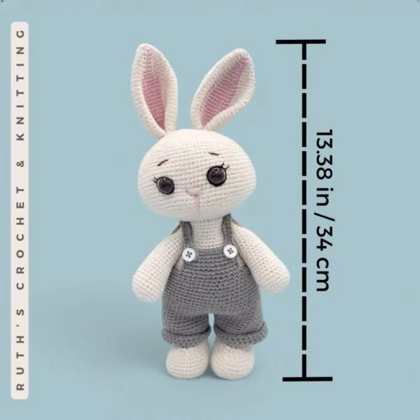 Handmade Crochet Bunny Toy with Gray Overalls and Pink Details – Soft Baby Shower Gift, Easter Basket, Nursery Decoration - Image 5