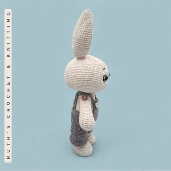 Handmade Crochet Bunny Toy with Gray Overalls and Pink Details – Soft Baby Shower Gift, Easter Basket, Nursery Decoration - Image 6