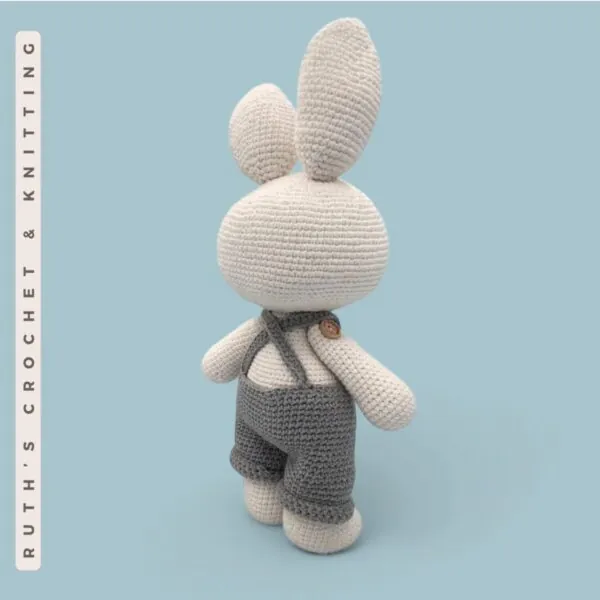 Handmade Crochet Bunny Toy with Gray Overalls and Pink Details – Soft Baby Shower Gift, Easter Basket, Nursery Decoration - Image 7