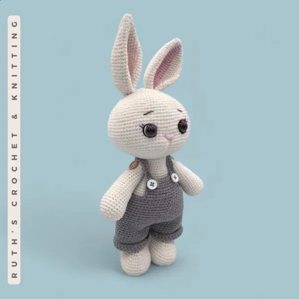Handmade Crochet Bunny Toy with Gray Overalls and Pink Details – Soft Baby Shower Gift, Easter Basket, Nursery Decoration - Image 4