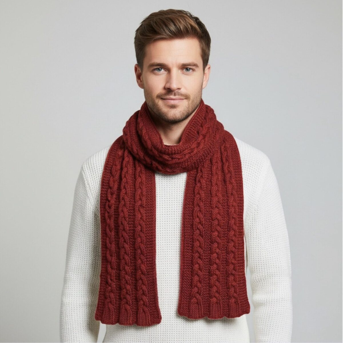Cable Knit Braided Winter Scarf – Off White or Autumn Red – 8 x 63 in / 20 x 160 cm – Acrylic – Unisex Handmade Neck Wrap - Image 20