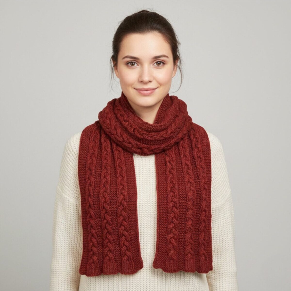Cable Knit Braided Winter Scarf – Off White or Autumn Red – 8 x 63 in / 20 x 160 cm – Acrylic – Unisex Handmade Neck Wrap - Image 18