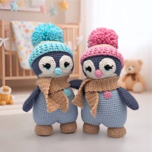 Crochet Penguin Duo with colorful pom-pom hats and scarves stand on floor. A cozy nursery background adds warmth and charm.
