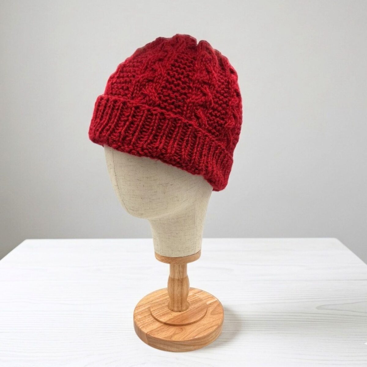 Cable Knit Braided Winter Beanie – Off White or Autumn Red – One Size – Acrylic – Unisex Handmade Knit Hat - Image 3