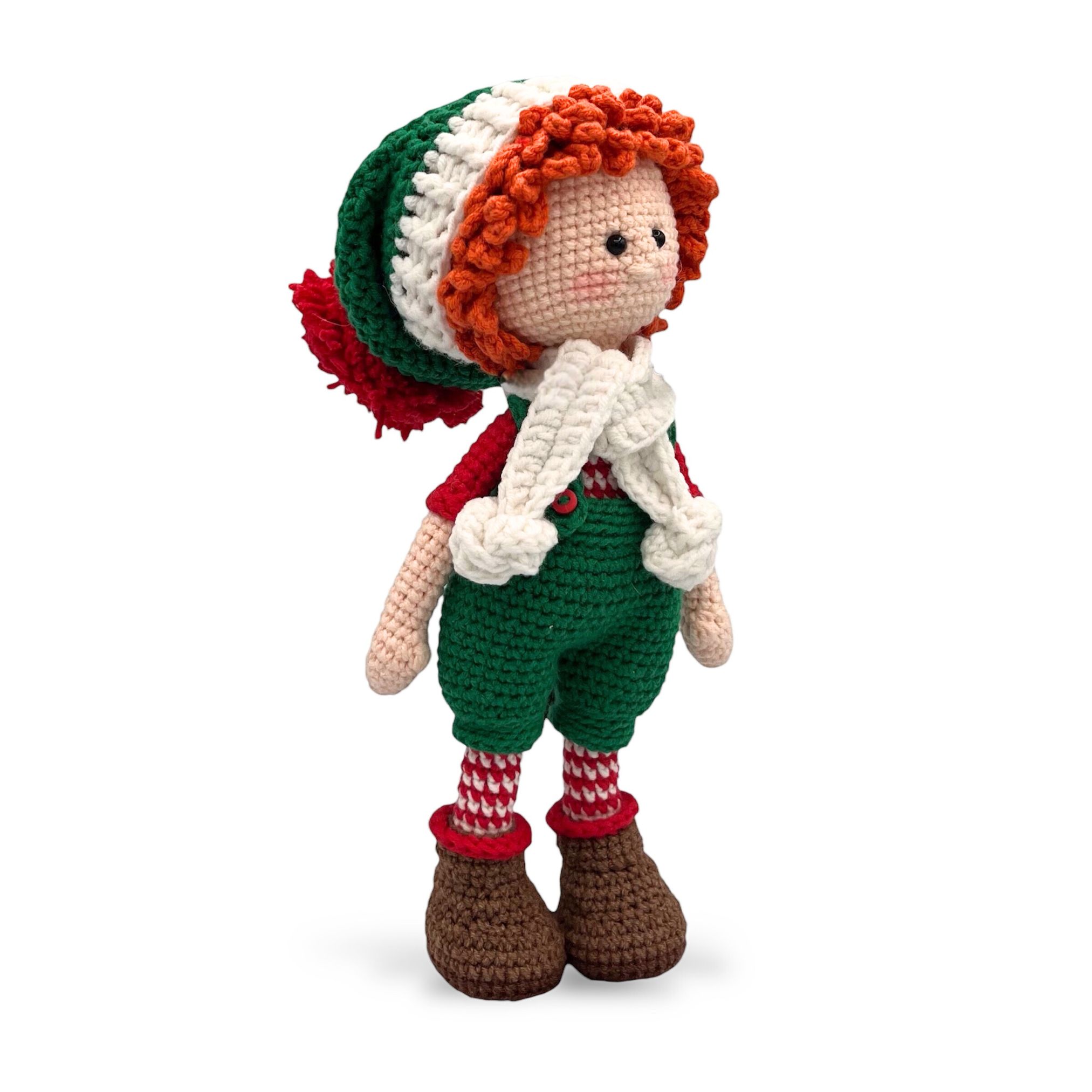 Muñeco Elfo Navideño de Crochet – 23 cm / 9 in (excluyendo gorro) – Mezcla de algodón – Decoración artesanal - Imagen 9