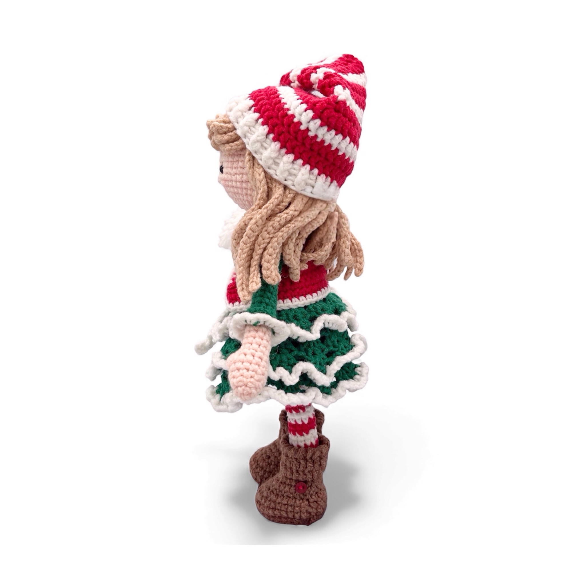 Muñeca Elfo Navideña de Crochet – 23 cm / 9 in (excluyendo gorro) – Mezcla de Algodón – Decoración navideña hecha a mano - Imagen 14