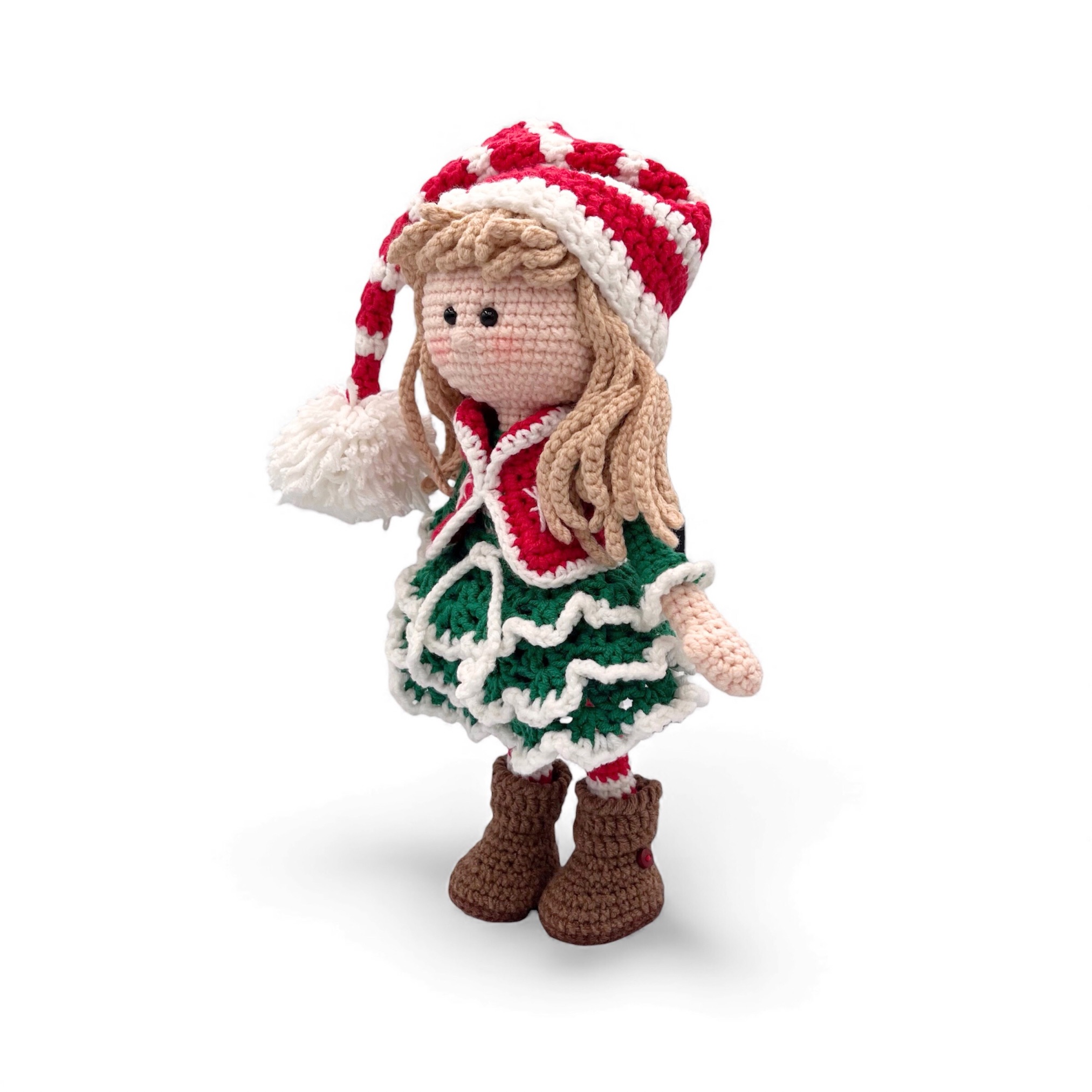 Muñeca Elfo Navideña de Crochet – 23 cm / 9 in (excluyendo gorro) – Mezcla de Algodón – Decoración navideña hecha a mano - Imagen 15