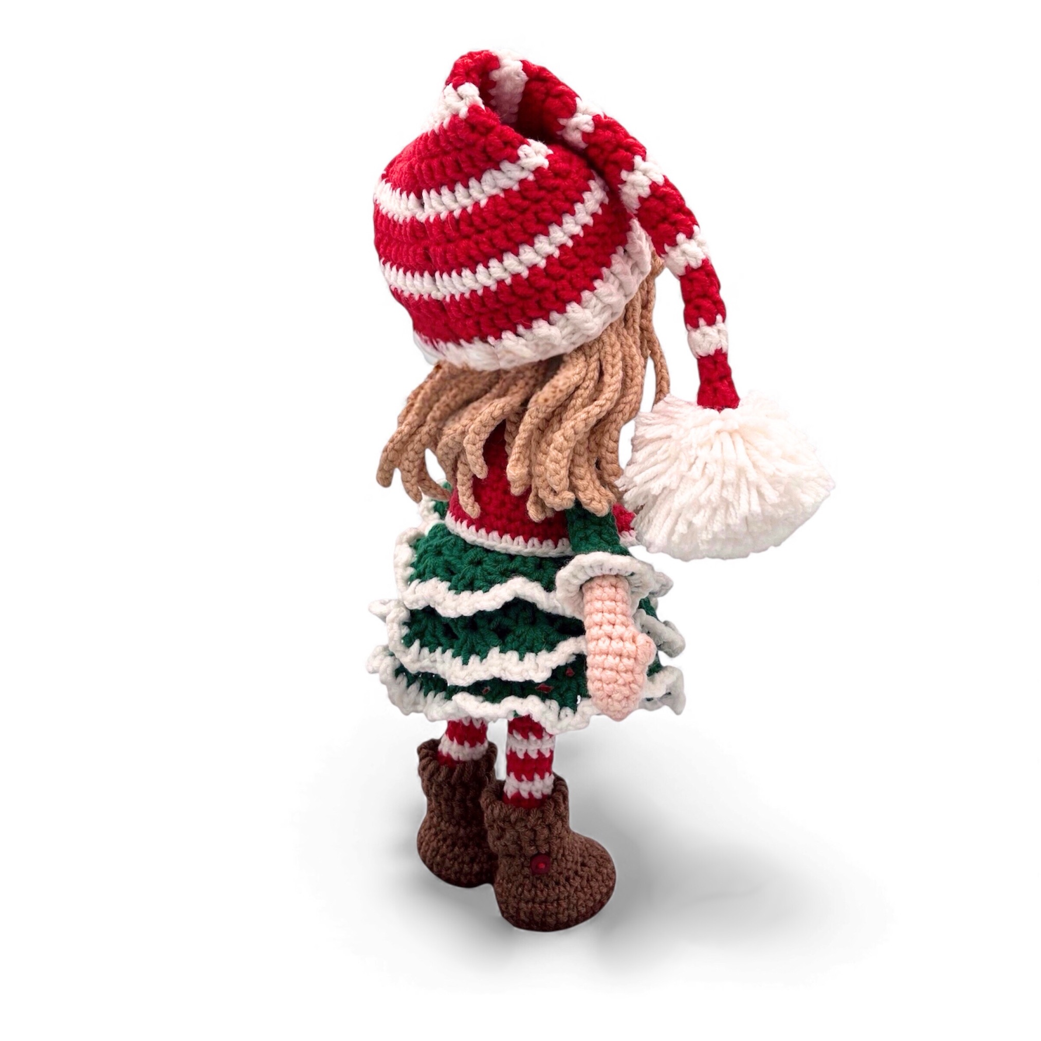 Muñeca Elfo Navideña de Crochet – 23 cm / 9 in (excluyendo gorro) – Mezcla de Algodón – Decoración navideña hecha a mano - Imagen 12