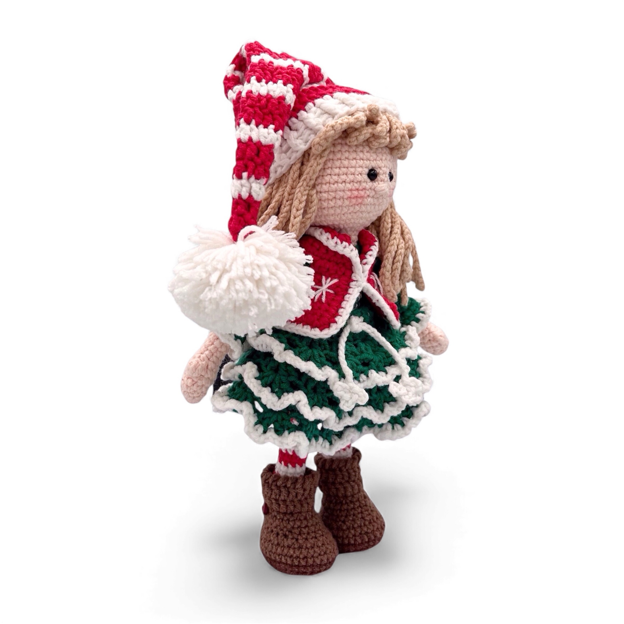 Muñeca Elfo Navideña de Crochet – 23 cm / 9 in (excluyendo gorro) – Mezcla de Algodón – Decoración navideña hecha a mano - Imagen 10