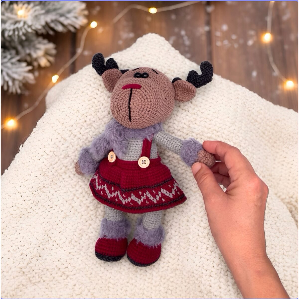 Crochet Reindeer Girl Amigurumi – 11 in / 28 cm – Cotton Blend – Nordic Xmas Ornament - Image 4