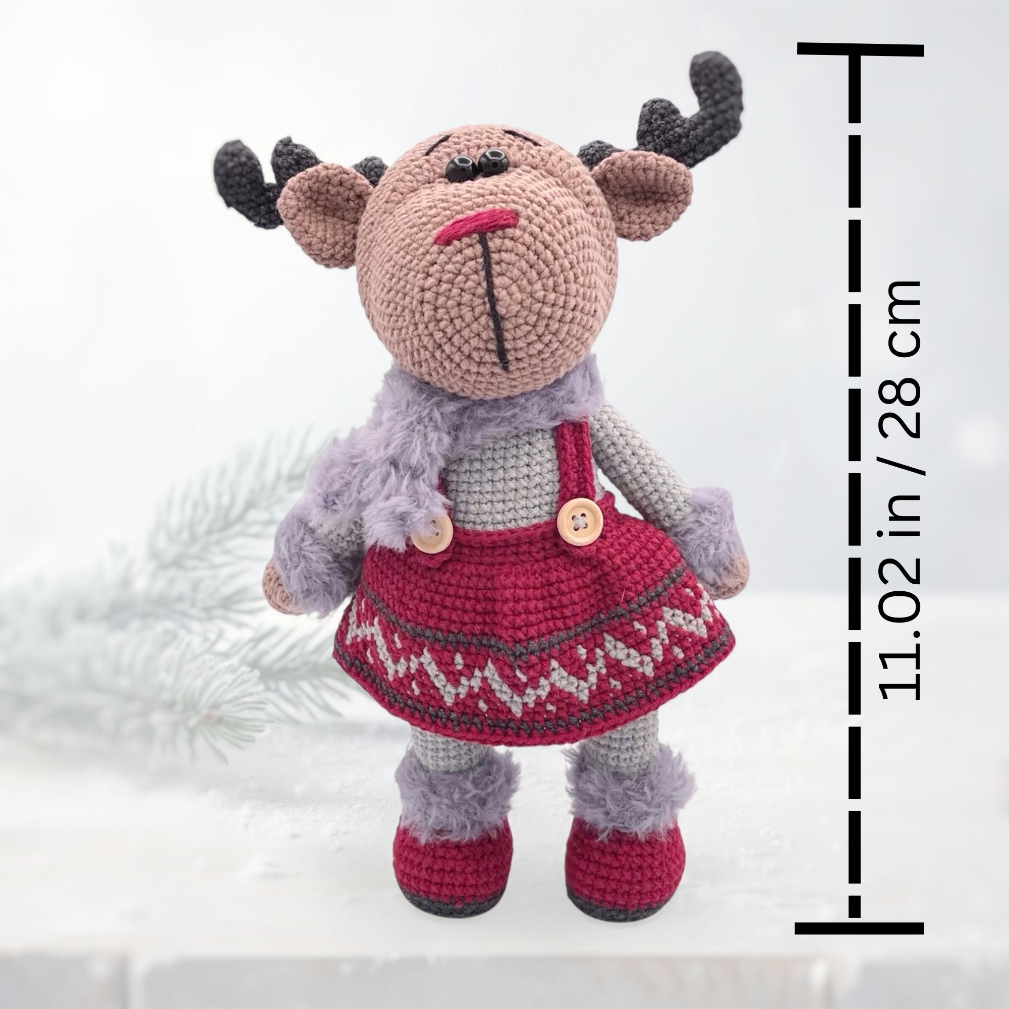 Crochet Reindeer Girl Amigurumi – 11 in / 28 cm – Cotton Blend – Nordic Xmas Ornament - Image 5