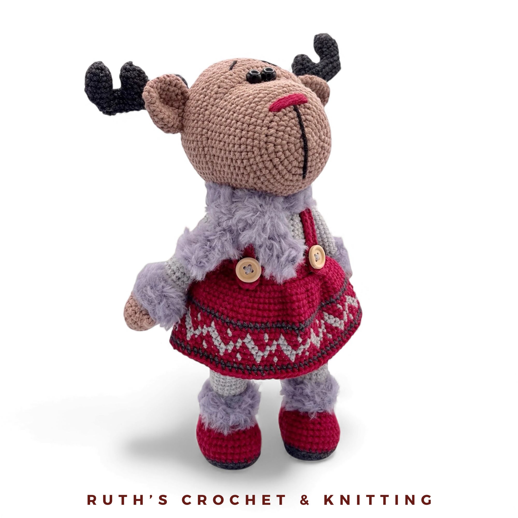 Crochet Reindeer Girl Amigurumi – 11 in / 28 cm – Cotton Blend – Nordic Xmas Ornament - Image 9