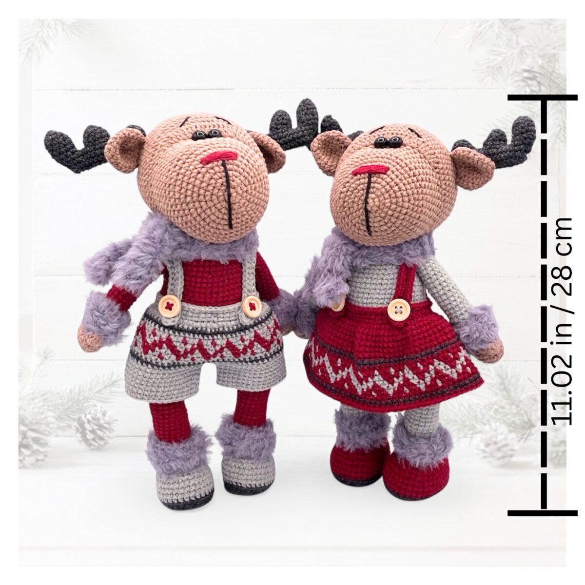Amigurumi Reno Navideño de Crochet – 28 cm / 11 in – Pareja o Individual (Niño y Niña) – Mezcla de Algodón – Adorno nórdico de navidad - Imagen 9
