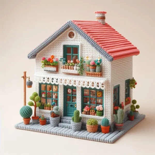 AI-generated image – About the store - Small crocheted house with a red and gray roof and white walls. Decorated with crocheted plants and flowers.