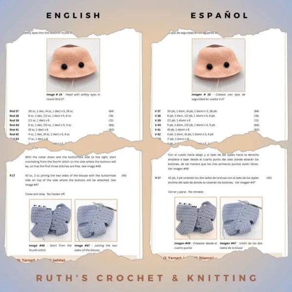 Amigurumi Crochet Doll Pattern PDF – DIY Soft Stuffed Girl Doll Tutorial (English & Spanish) – Intermediate Crochet Pattern - Image 6