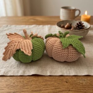 Handmade Crochet Pumpkin – 15 x 10 cm / 6 x 4 in – Set or Individual Beige & Green Colors – Cotton Blend – Fall Home Decor