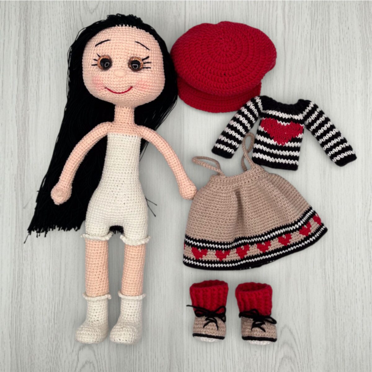 Crochet Amigurumi Doll with Red Cap & Heart Dress – 15 in / 38 cm – Cotton Blend – Removable Clothes – Handmade Collectible - Image 2