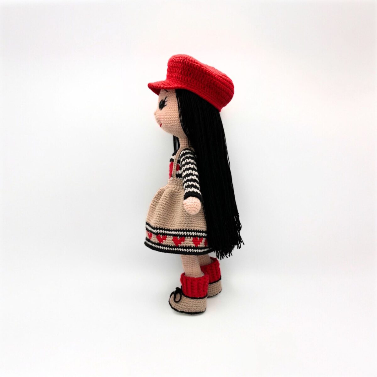 Crochet Amigurumi Doll with Red Cap & Heart Dress – 15 in / 38 cm – Cotton Blend – Removable Clothes – Handmade Collectible - Image 12