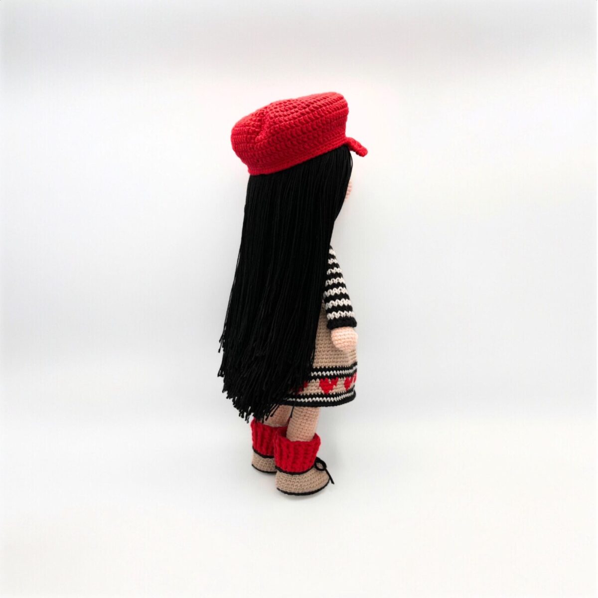 Crochet Amigurumi Doll with Red Cap & Heart Dress – 15 in / 38 cm – Cotton Blend – Removable Clothes – Handmade Collectible - Image 9