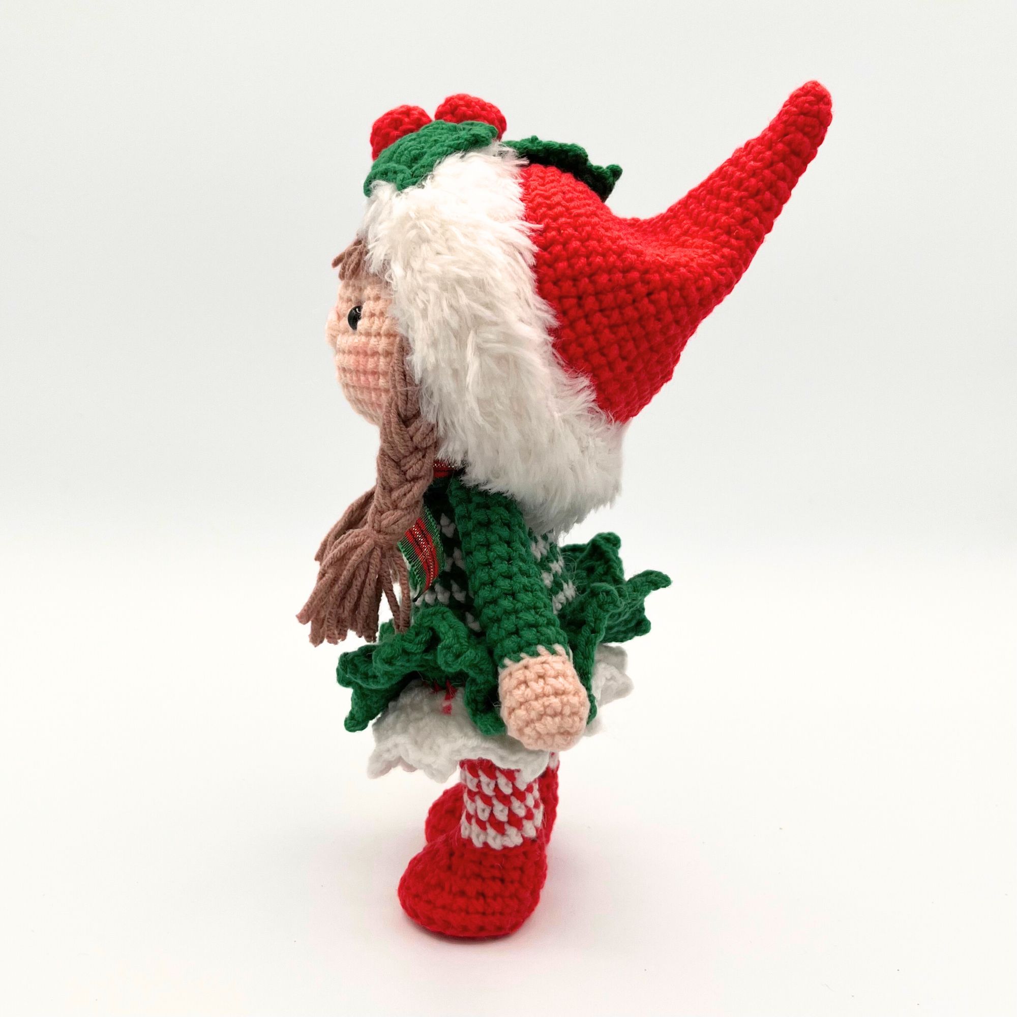 Pequeña Elfo niña de navidad de crochet – 21.6 cm / 8.5 in – Mezcla de Algodón y acrílico – Decoración navideña hecha a mano - Imagen 15