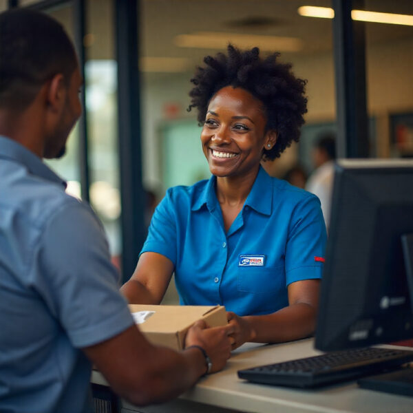 Postal worker happily receiving a package from a customer, illustrating Easy Returns process