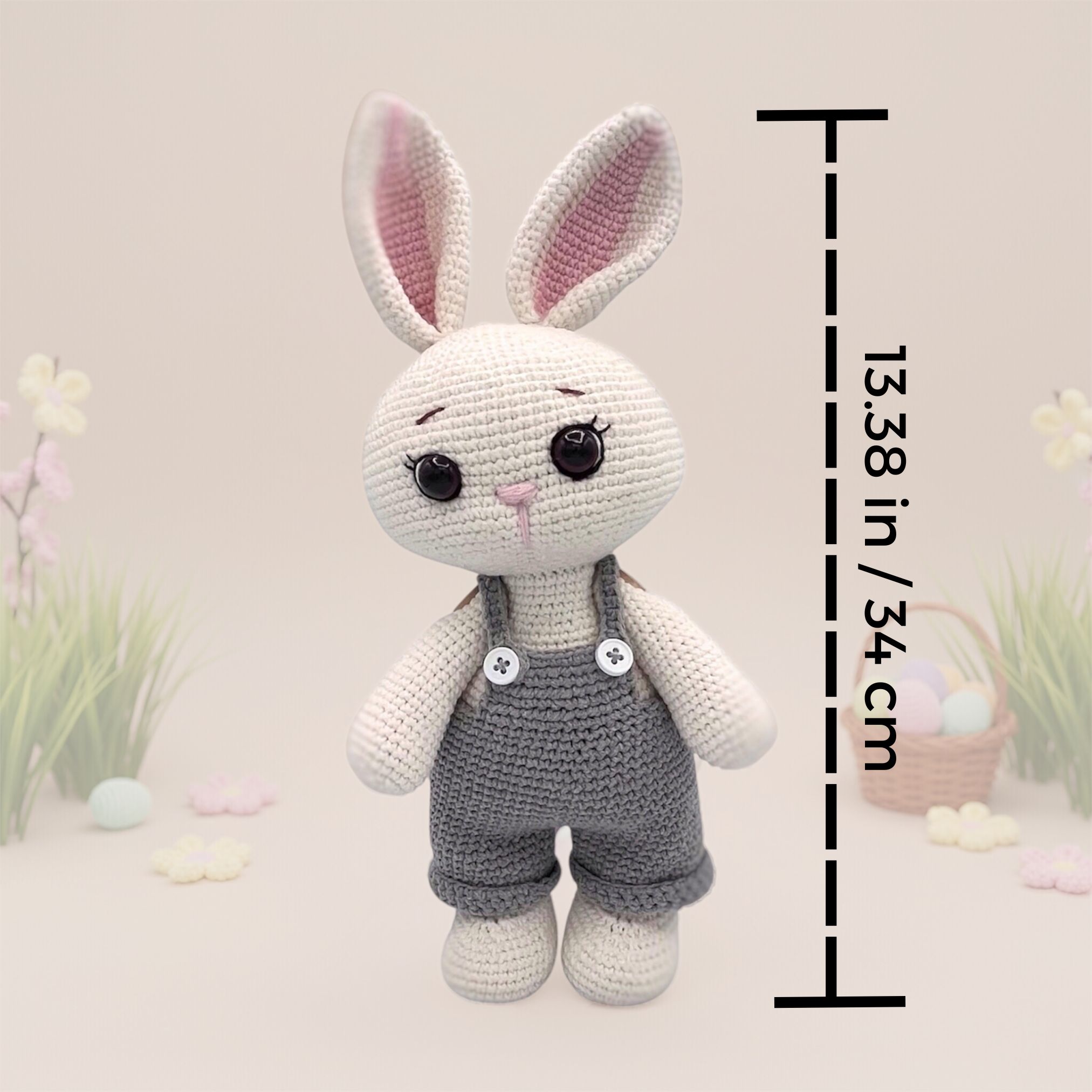 Conejo de Pascua de Crochet con Overol Removible – 34 cm / 13 in – Azul o Rosa – Mezcla de Algodón – Peluche coleccionable – Albi - Imagen 6