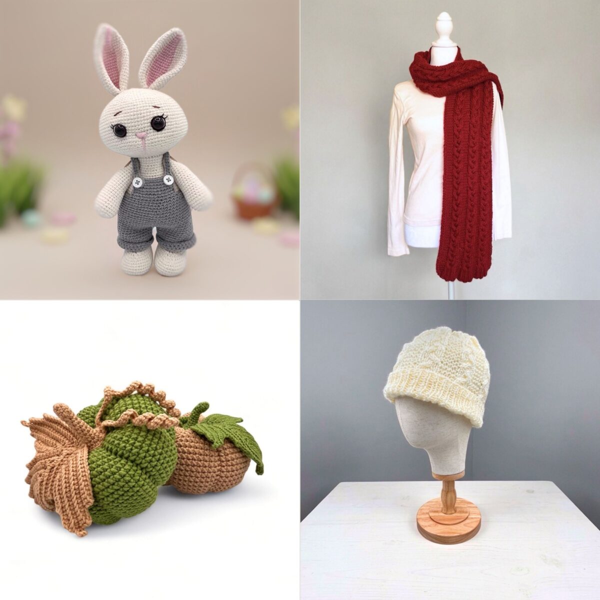 Collage of handmade crochet and knit pieces by Ruth — amigurumi bunny, red knit scarf, crocheted acorns, and a cream knit beanie