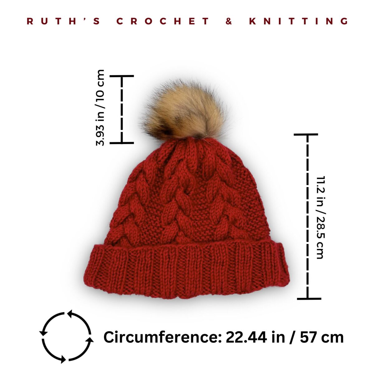 Gorro Trenzado Unisex Rojo de Dos Agujas con Pompon Desmontable de Pelo Sintético – Talla Única Adulto – 28 cm / 11 in – Acrílico Suave – Gorro de Invierno Artesanal - Imagen 6