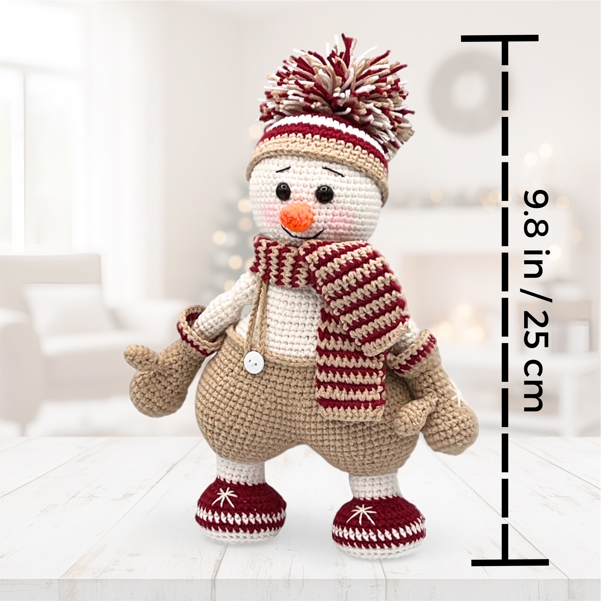 Muñeco de Nieve de Crochet – 25 cm / 10 in (incluyendo el gorro) – Rústico o Frosty – Mezcla de Algodón – Decoración navideña de peluche - Imagen 7