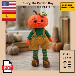 Crocheted pumpkin-headed doll in green shirt, yellow shorts, and striped tights stands among pumpkins and autumn leaves. PDF crochet pattern available for instant download.
