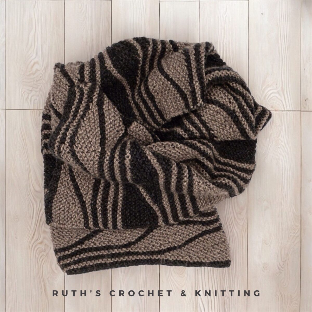 Handmade Short Rows Knitted Scarf – Asymmetrical Taupe & Black – 10 x 67 in / 25 x 170 cm – Acrylic and Rayon Blend - Image 8