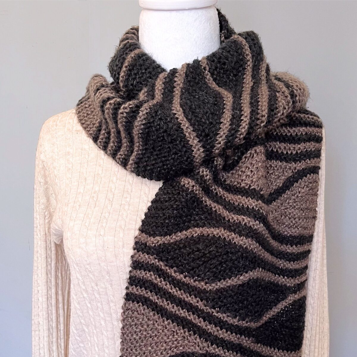 Handmade Knitted Scarf in taupe and black, unisex winter neck warmer with short rows pattern, perfect gift for him or her.