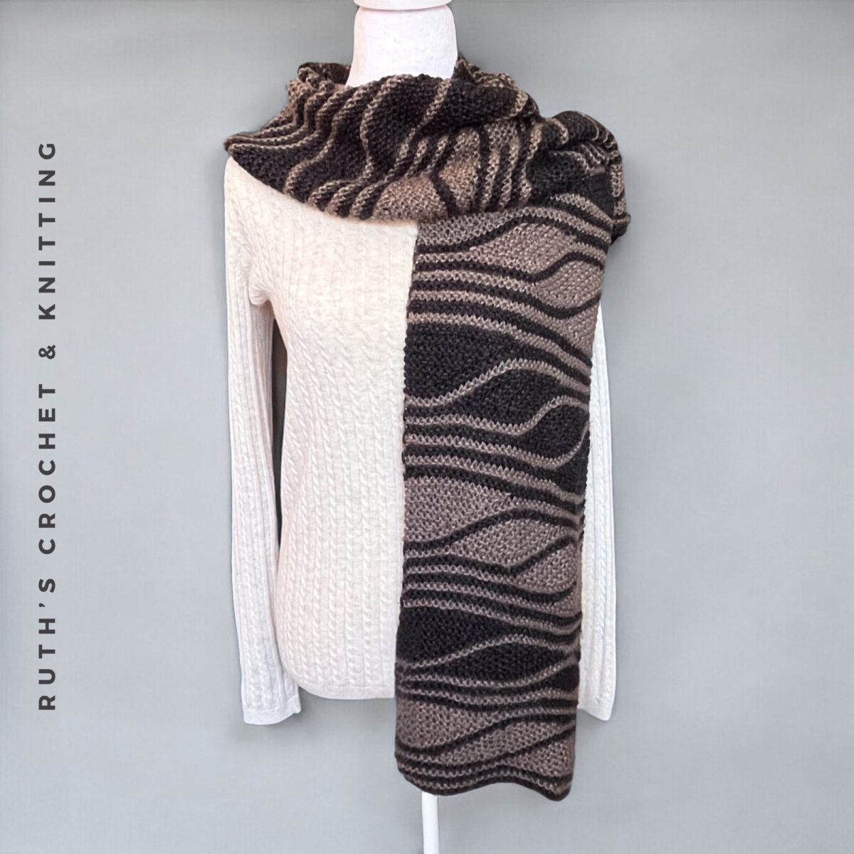 Handmade Short Rows Knitted Scarf – Asymmetrical Taupe & Black – 10 x 67 in / 25 x 170 cm – Acrylic and Rayon Blend - Image 2
