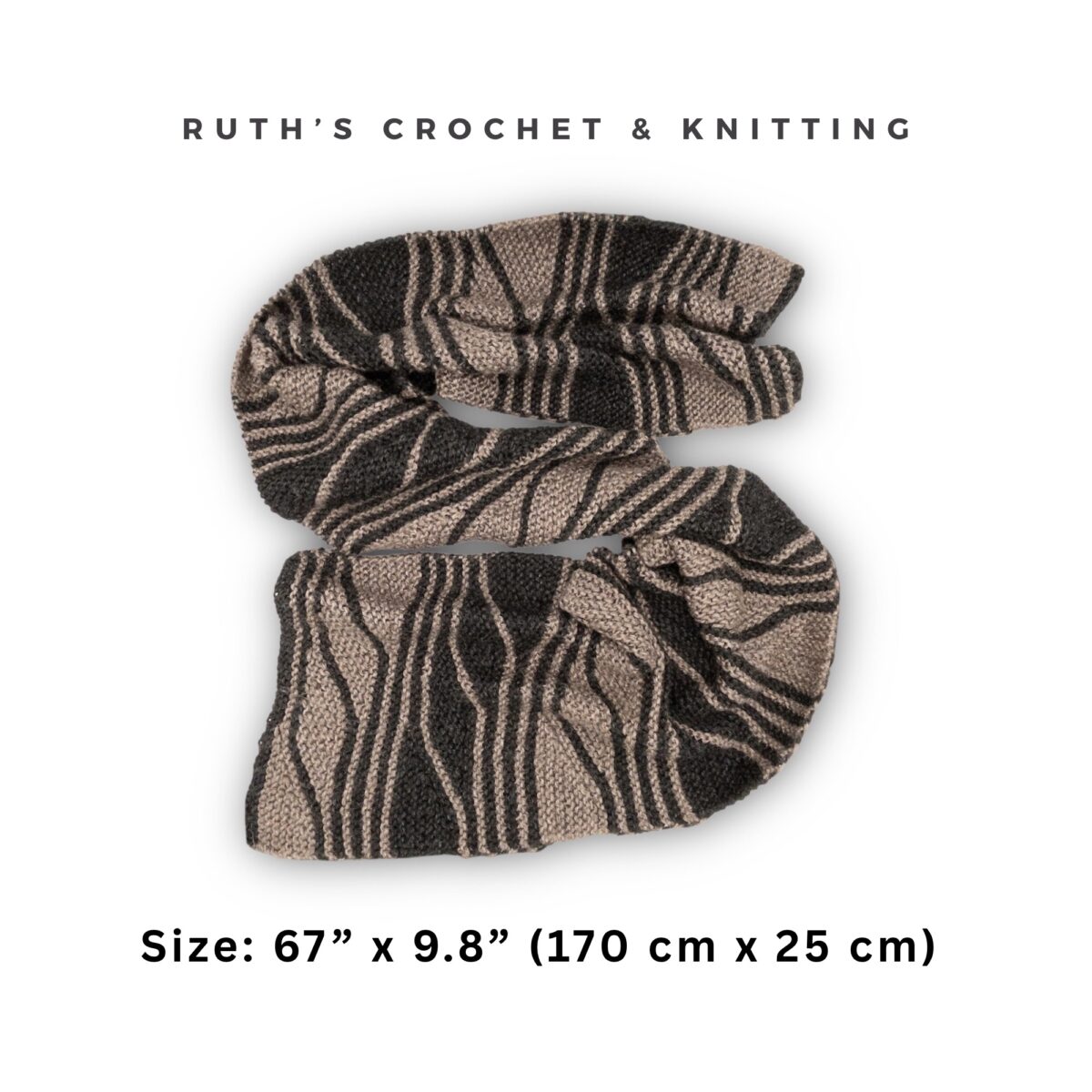 Handmade Short Rows Knitted Scarf – Asymmetrical Taupe & Black – 10 x 67 in / 25 x 170 cm – Acrylic and Rayon Blend - Image 6