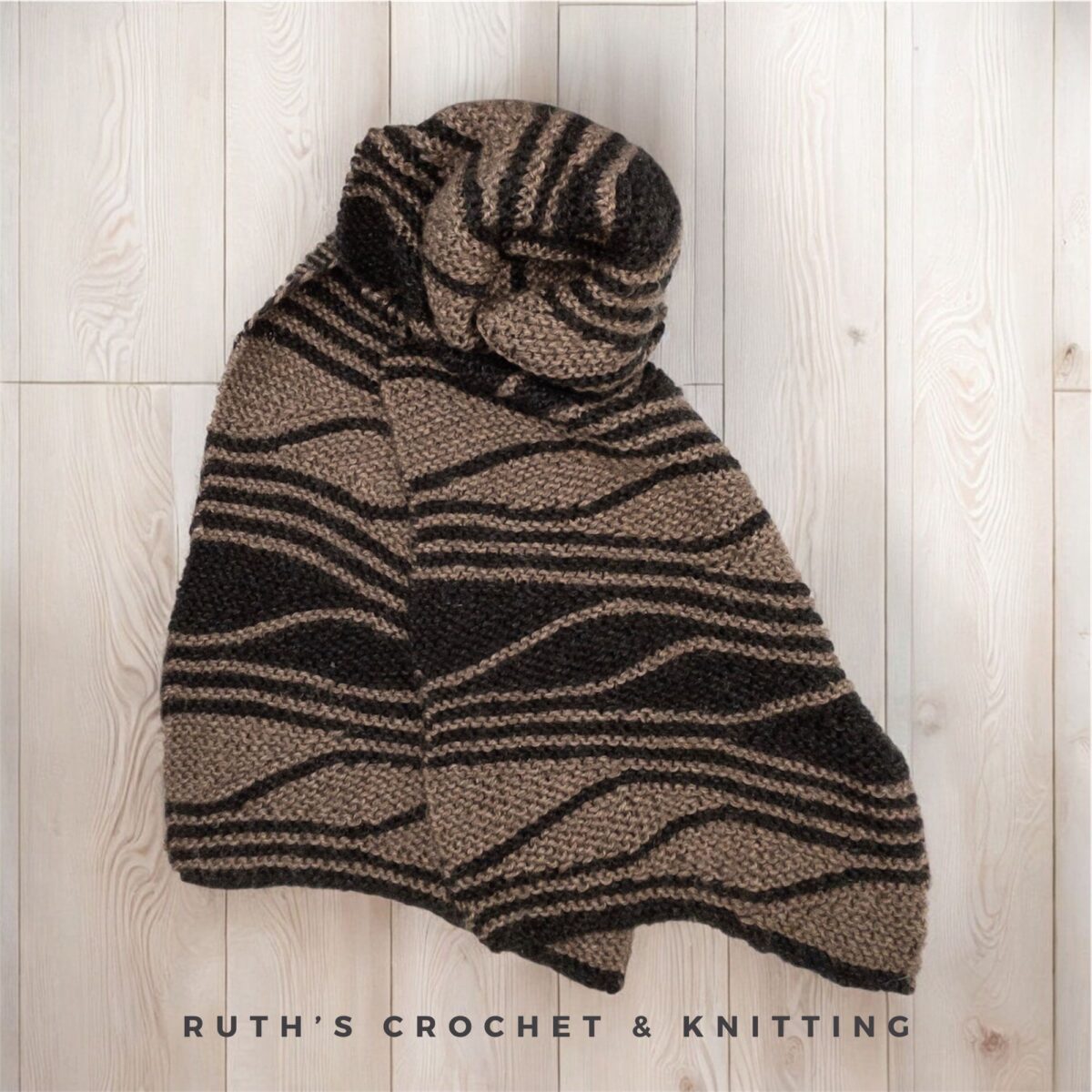 Handmade Short Rows Knitted Scarf – Asymmetrical Taupe & Black – 10 x 67 in / 25 x 170 cm – Acrylic and Rayon Blend - Image 10