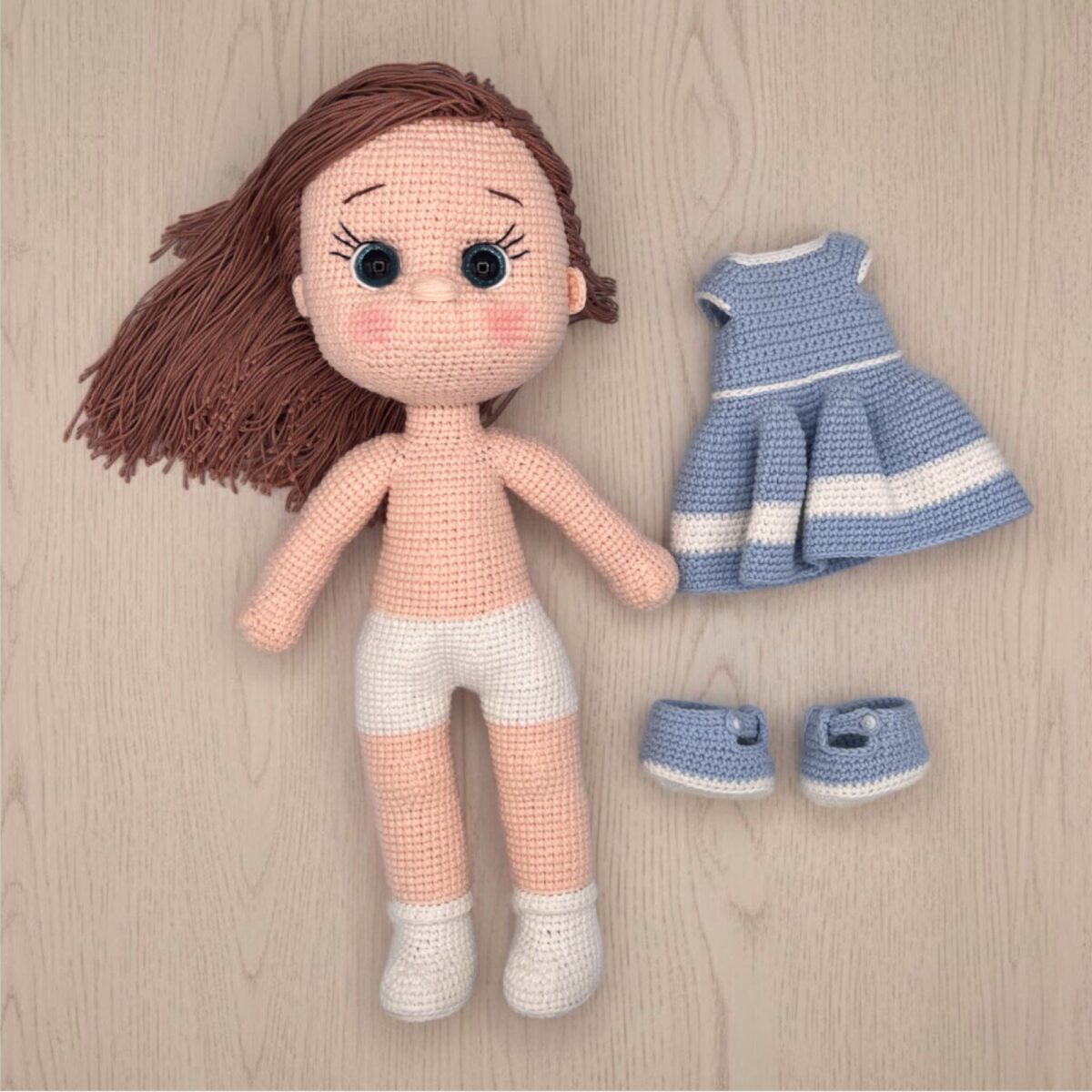 Large Crochet Doll with Blue Dress – 16 in / 41 cm – Removable Outfit – Cotton Blend – Sweet Ami - Image 2