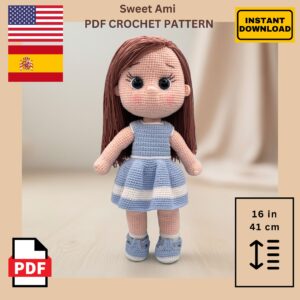Patrón de Muñeca Amigurumi - Crochet doll with long brown hair in a blue and white dress, standing on a beige background. Text reads "Sweet Ami PDF Crochet Pattern." Flags of the USA and Spain, and "Instant Download" are displayed. Doll size is noted as 16 inches or 41 cm.