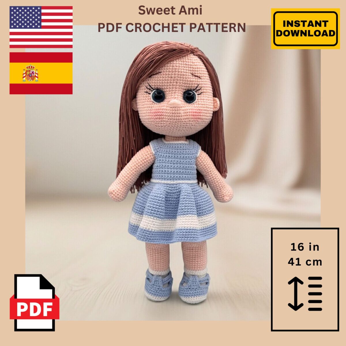 Patrón de Muñeca Amigurumi - Crochet doll with long brown hair in a blue and white dress, standing on a beige background. Text reads "Sweet Ami PDF Crochet Pattern." Flags of the USA and Spain, and "Instant Download" are displayed. Doll size is noted as 16 inches or 41 cm.
